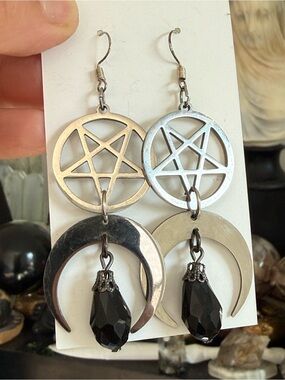 Silver Pentagram & Crescent Moon Earrings with Black Faceted Drops witchy boho